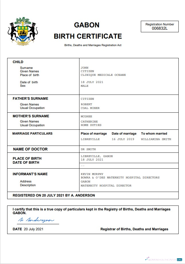 Download Gabon vital record birth certificate Word and PDF template Photoshop template